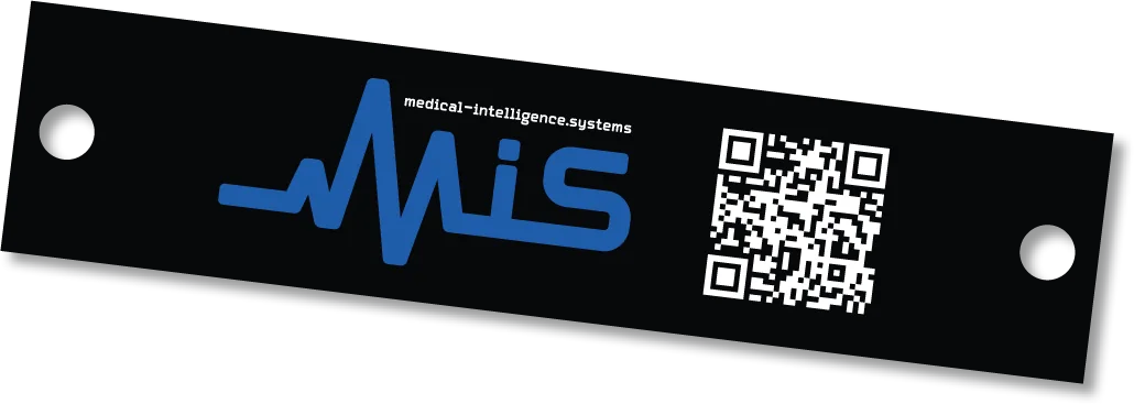 A black MiS dual frequency RFID tag with the MiS logo and a QR code