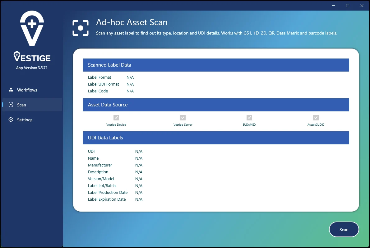 Vestige ad-hoc asset scan screen showing label data, data sources including EUDAMED and AccessGUDID, and UDI fields