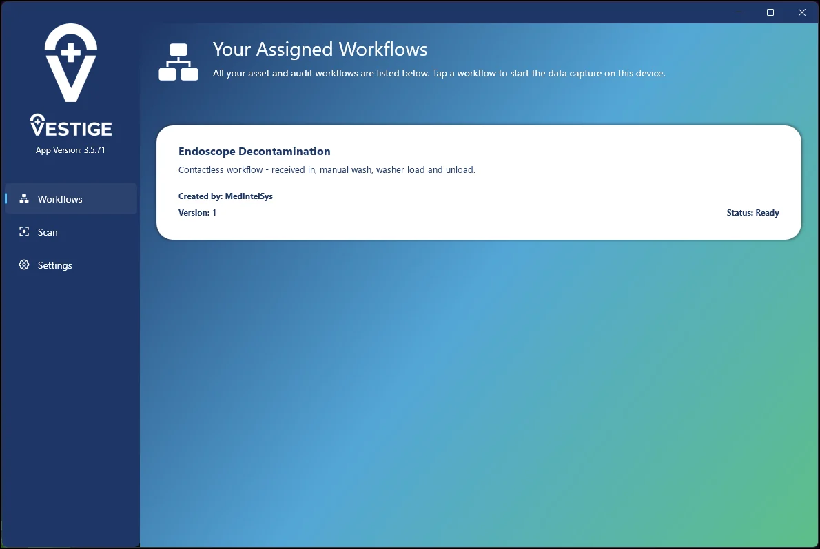 Vestige home screen listing the assigned Endoscope Decontamination workflow